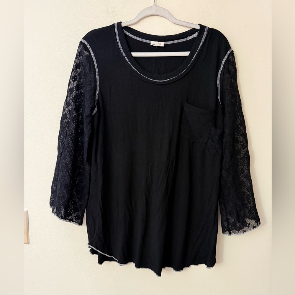 POL Black Lace Sleeve Scoop Neck Blouse